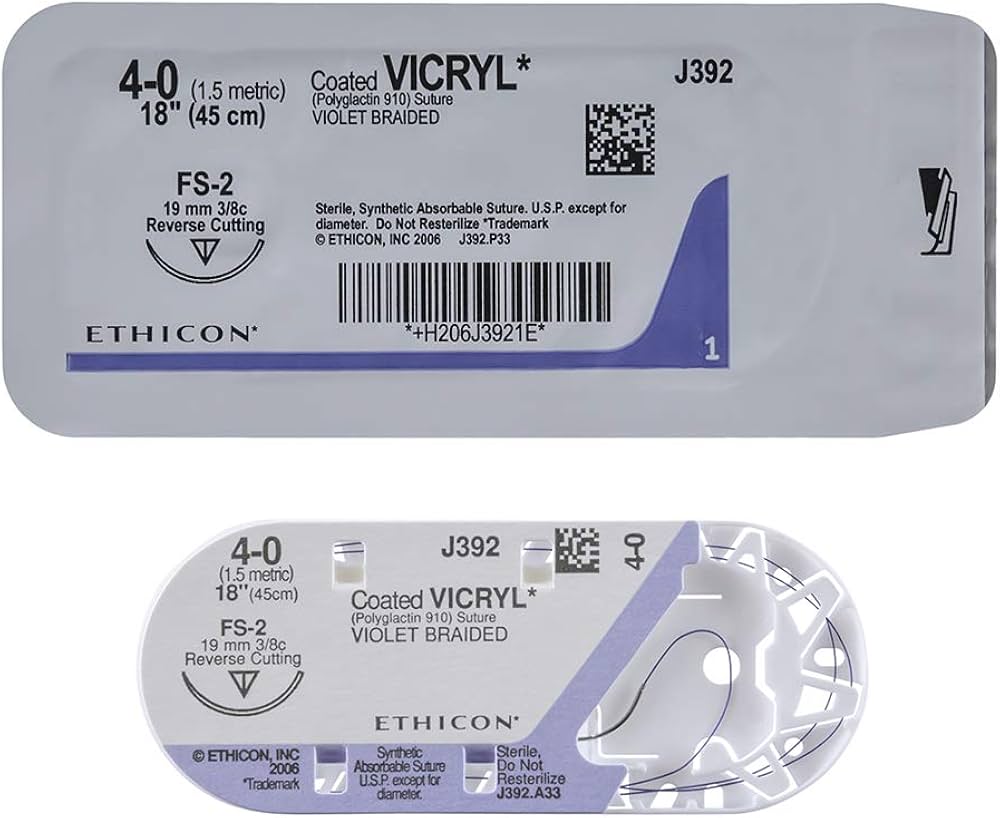 <p>Coated Vicryl: Polyglactin 910</p><p>Copolymer of glycolide and lactic acid</p>