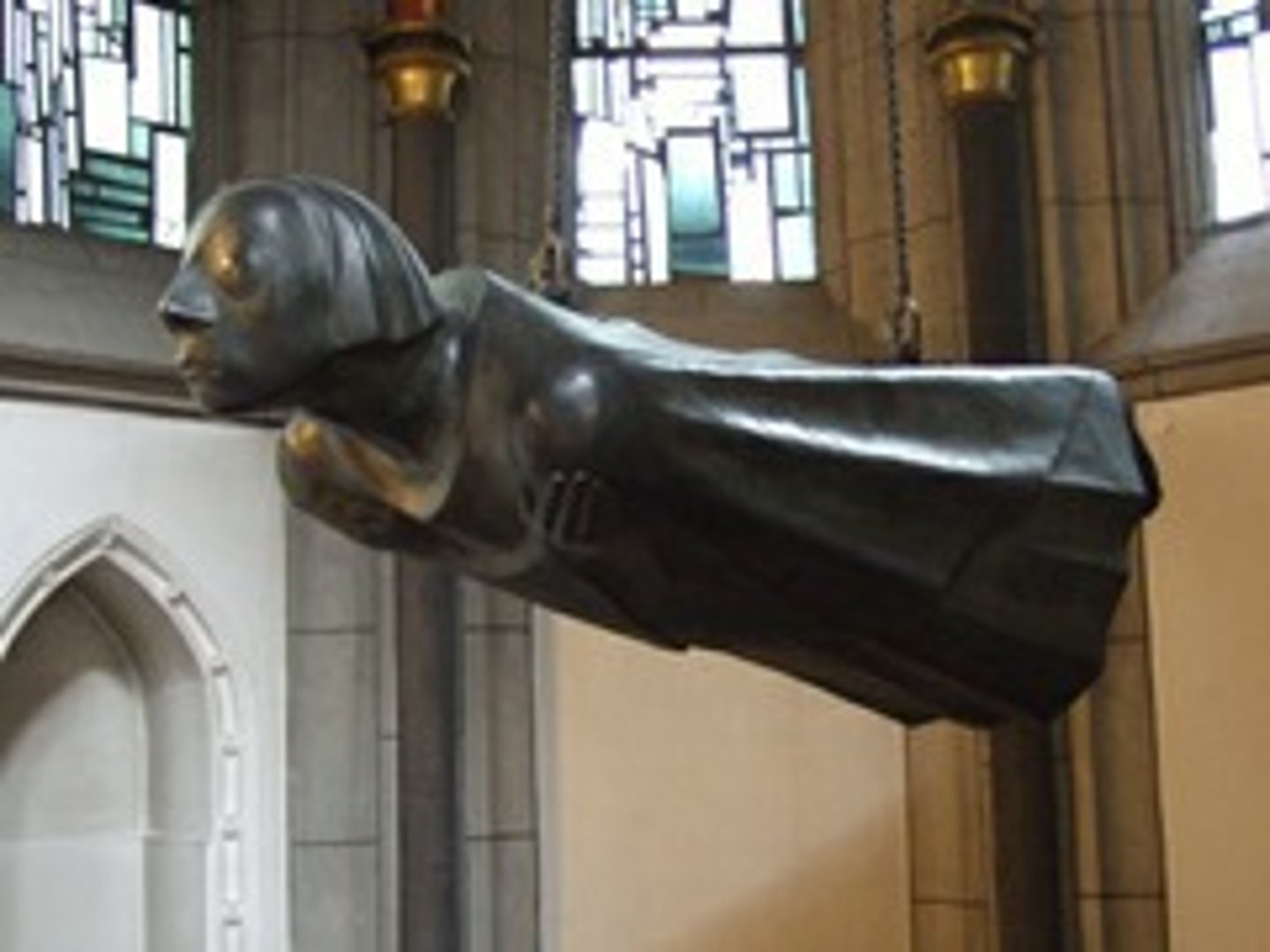 <p>Ernst Barlach</p><p>Cathedral, Güstrow, Germany,</p><p>1927</p><p>Story: A sculptor, illustrator, and playwright. By 1920's was leading sculptor. Thought of as degenerate art by Hitler? Forced to resign from Prussian Academy of Arts.</p><p>Commissioner: Gustrow Cathedral as a memorial for World War I.</p><p>Original Location: Gustrow Cathedral. Germany.</p><p>Style: German Expressionist. War memorial/monu. (Art between the WW's).</p><p>Characteristics: Figure suspended over air over a plain stone plinth that said the dates of WWI&amp;II.</p><p>Subject:</p><p>Function: Melted down statue for weapons? Reminded people of what happened when you get aggressive (war).</p>