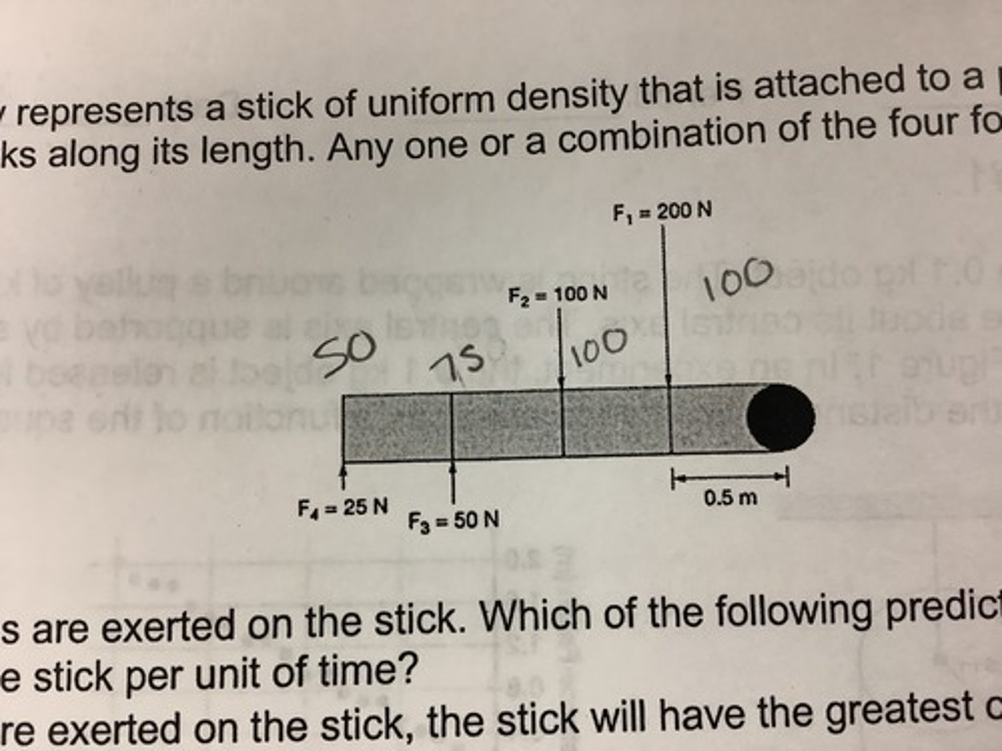 <p>When F1 and F2 are exerted on the stick, the stick will have the greatest change in angular velocity per unit of time.</p>