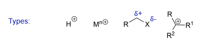 <p>Eg protons, metal cations, electron deficient carbon atoms and other electron poor atoms</p>