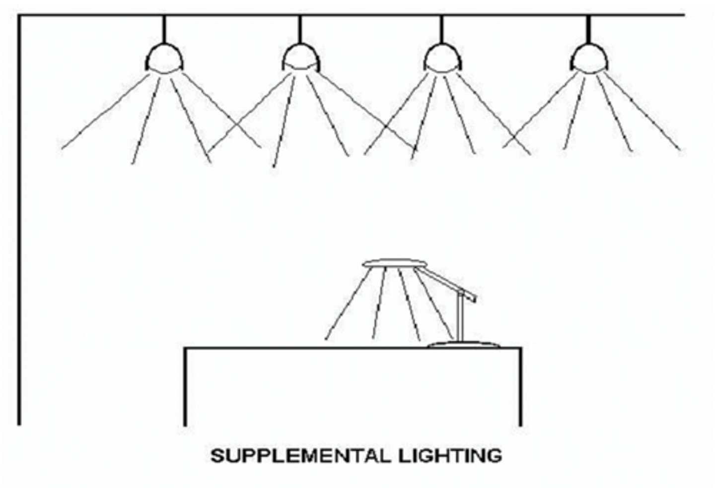 <p>general = lateral, diffuse room lighting<br>supplemental = additional focused lighting</p>