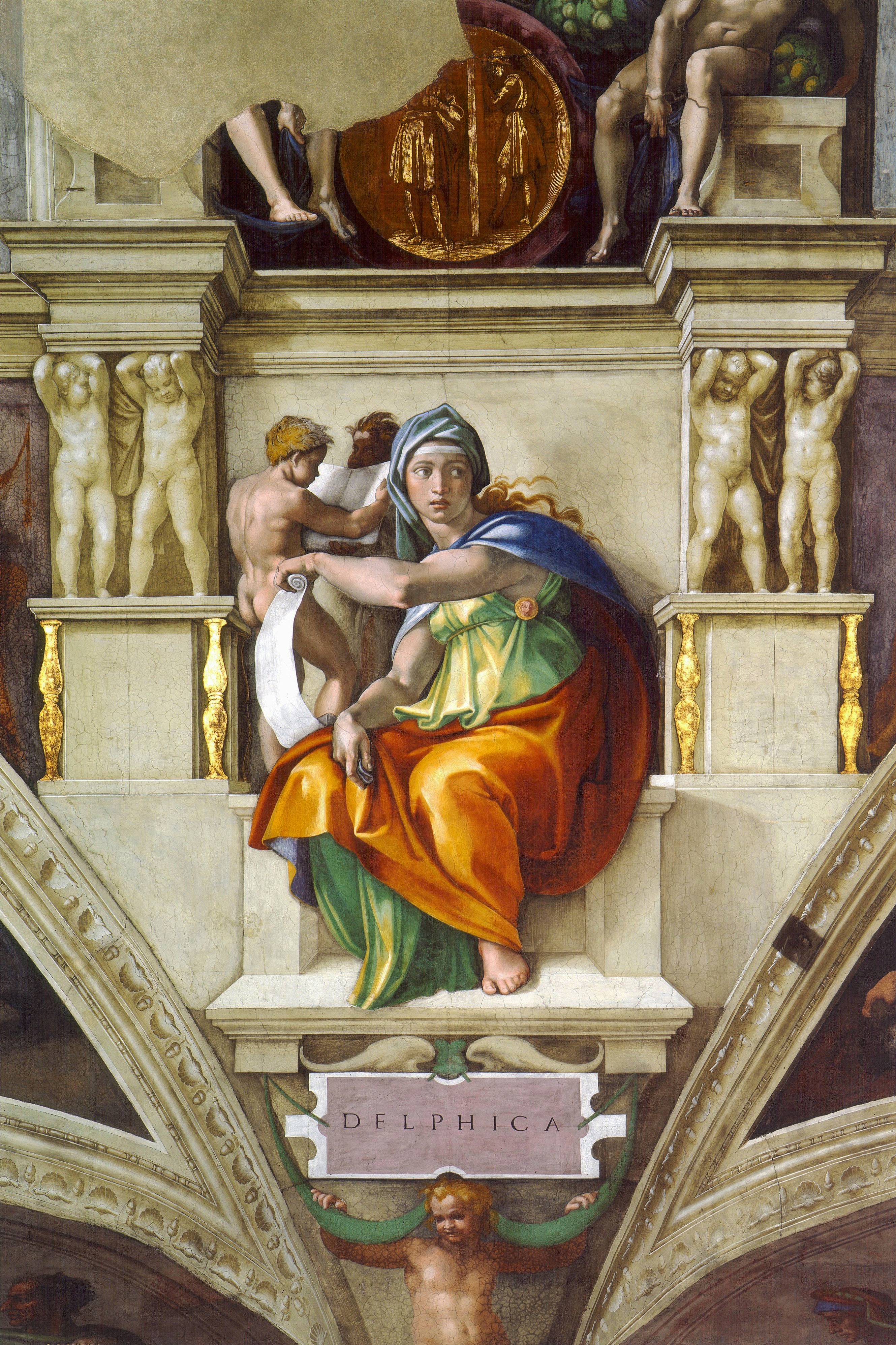 <p>Ceiling frescoes; Sistine Chapel, Vatican</p>