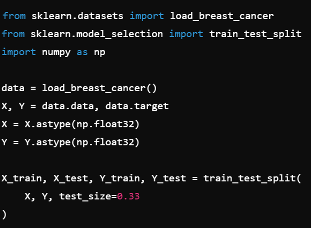 <p>We load the breast cancer dataset, convert <code>X</code> and <code>Y</code> to <code>float32</code> (because PyTorch expects floating-point data), and then split into train/test sets using <code>train_test_split</code>.</p>