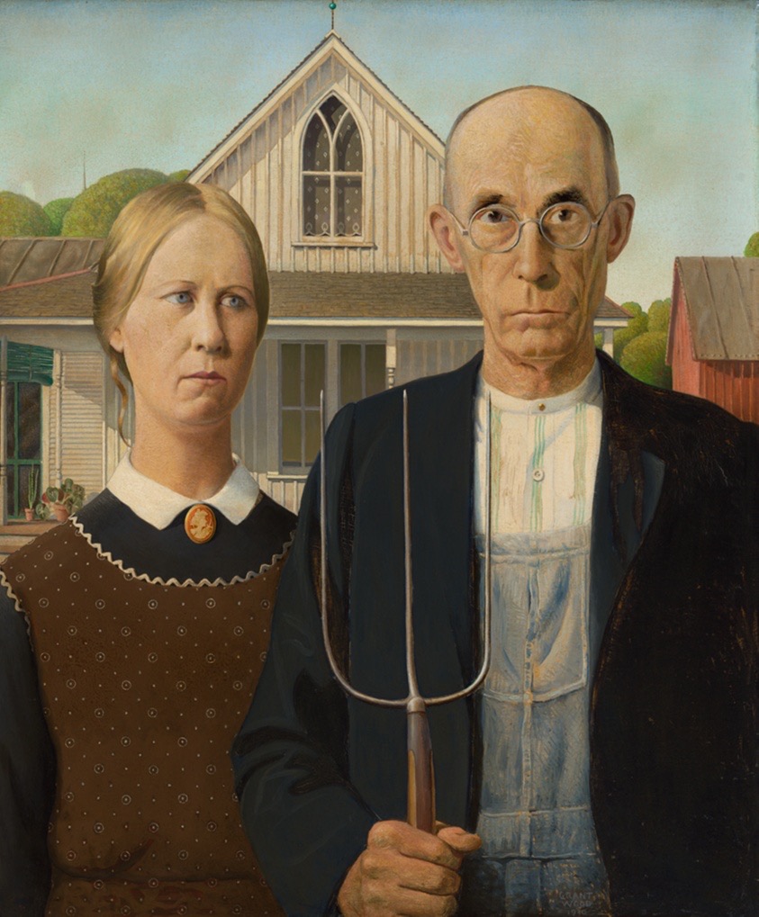 <p>century/movement, artist, name, medium, what is she doing instead of leaving her family, this speaks to what idea, exhibited where, the American people described this using these 5 describing words, this represents what, this references our beginnings of what, they are both wearing what to show us about what they do, they provide for who, this image shows the celebration of family, their expressions show what, they dominate the picture plane because it shows they are protecting what, why American gothic? this speaks to what between them</p>