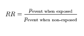 <p>example</p><p>RR = (pbty of getting cancer when you smoke)/(pbty of getting cancer when you don’t smoke)</p>