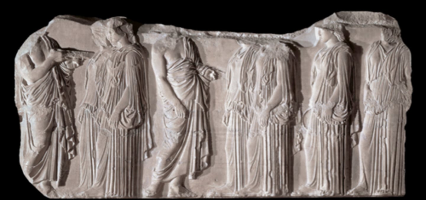 <p>Period: Early Classical 5th Century B.C.E.</p><p>Form: Marble relief</p><p>Function: Narrative</p><p>Content: Panathenaic Procession takes place. Gods watch. Citizens look noble. Democracy, balanced time. Idealism. Column-like. Contrapposto.</p>