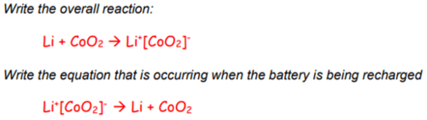 <p>You need to know the simplified half-equations<br>given here:<br>Positive electrode:<br>Li+ + CoO2 + e- -&gt; Li+[CoO2]-<br>Negative electrode:<br>Li -&gt; Li+ + e-<br>In a lithium-ion battery the lithium ions move from the negative electrode to the positive electrode during discharge and back when charging.</p>