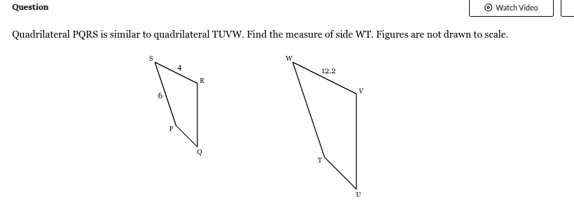 <p>Quadrilateral PQRS is similar to quadrilateral TUVW. Find the measure of side WT. Figures are not drawn to scale.</p>