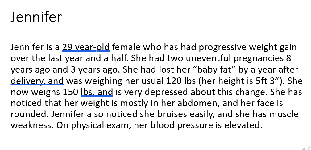 <ol><li><p>What additional test would you like to order?</p></li><li><p>What do you suspect is the cause of Jennifer’s condition?</p></li><li><p>How will elevated androgen levels effect Jennifer? </p></li></ol><p></p>