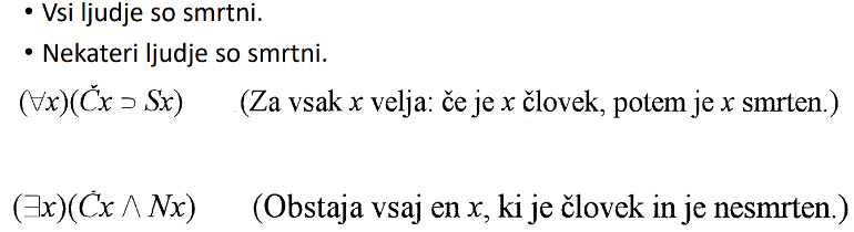 <p>Univerzalni kvantifikator (∀x) "za vsak x velja..."<br>Eksistenčni kvantifikator (∃x) "obstaja vsaj en x, za katerega velja..."</p><p></p>