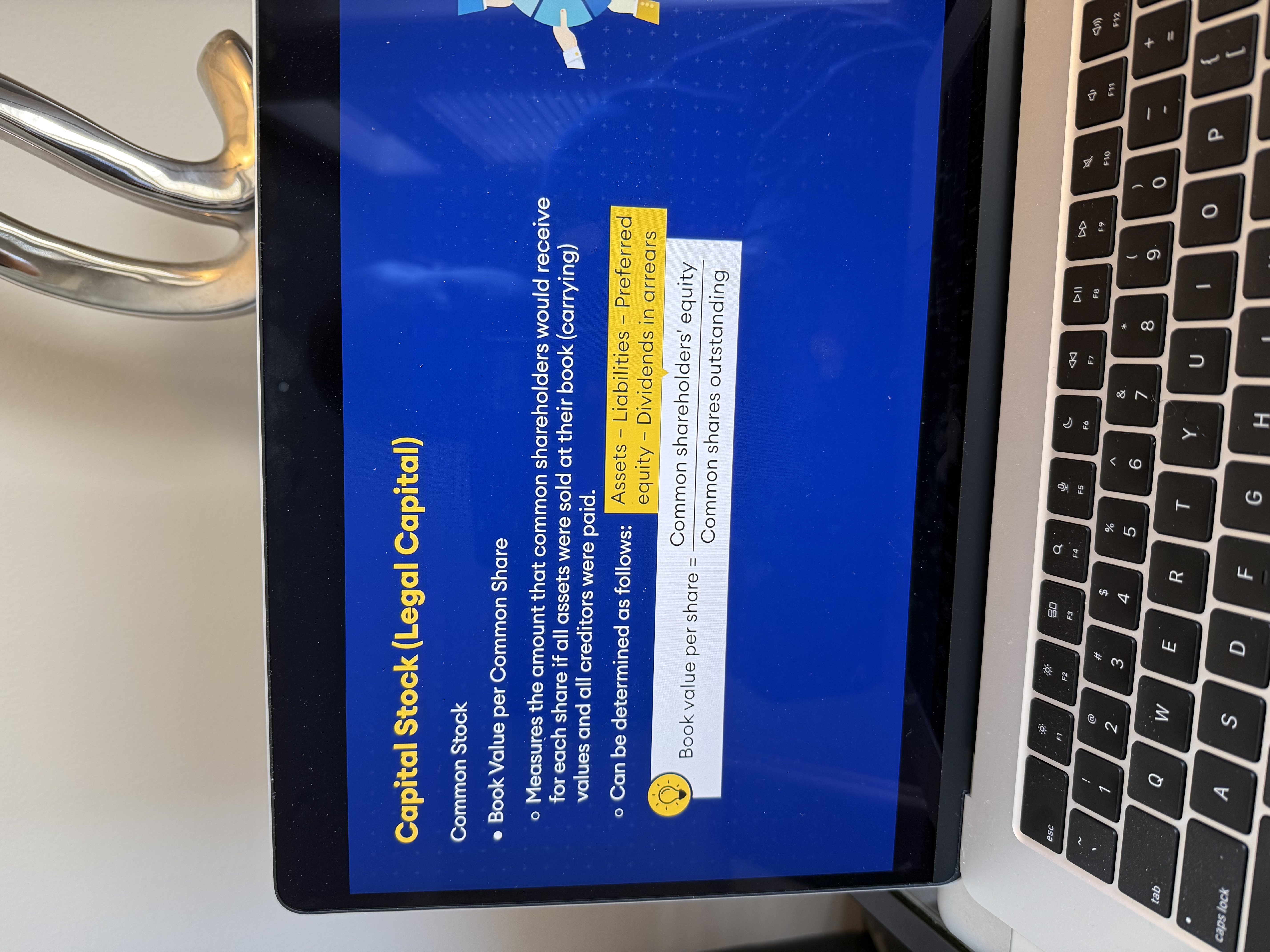<ol><li><p>Measures the amount that common shareholders would receive for each share if all assets were sold at their book (carrying) value values and all creditors were paid.</p><p></p></li><li><p><strong>See picture</strong></p></li></ol><p></p>