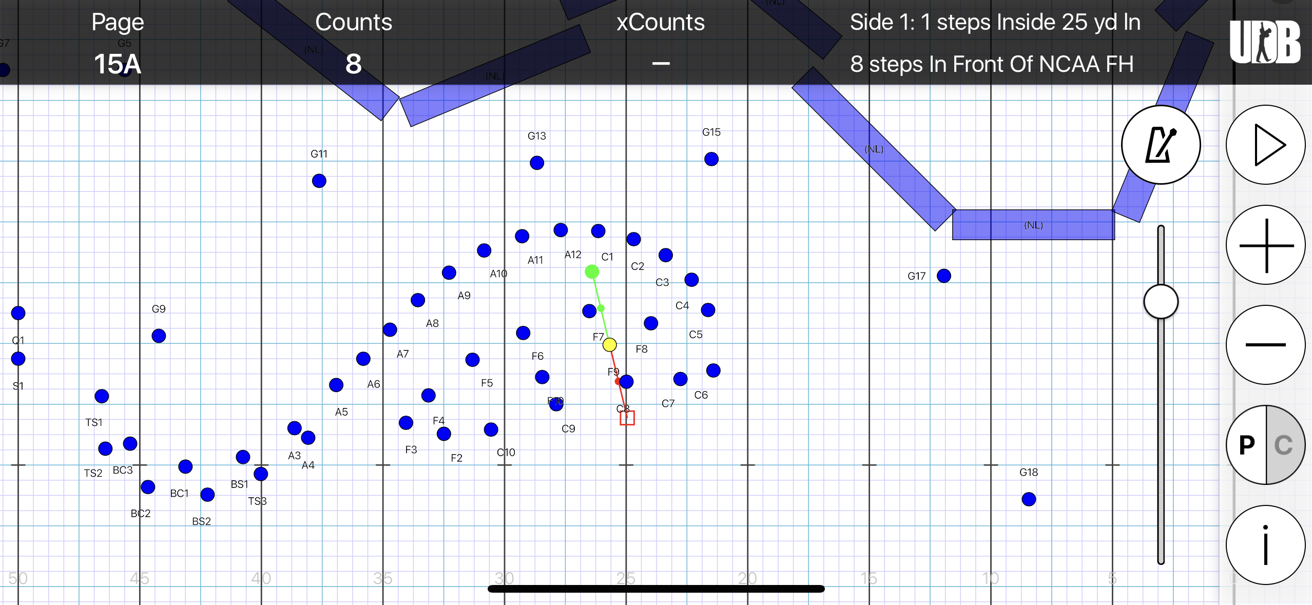 <p>STS: Side 1, 1 step inside 25 yd ln</p><p>FTB: 8 steps in front of FH</p><p>SS: 13 to 5 for 8 counts</p><p>XC: N/A</p>