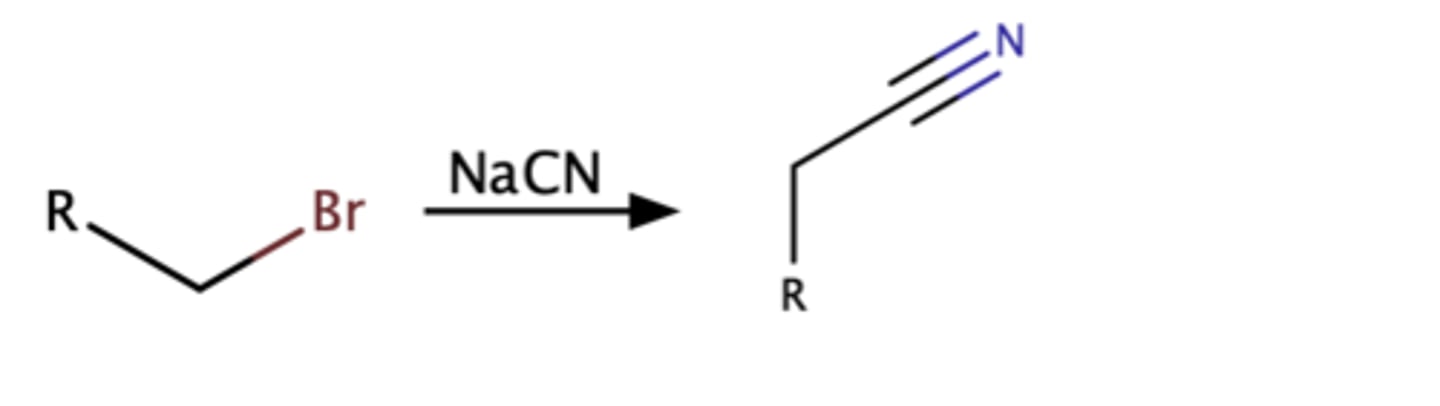 <p>Nitrile</p><p>SN2 reaction</p><p>Tertiary alkyl halides</p><p>no rxn.</p>