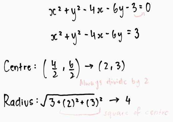 (x-2)^2 + (y-3)^2 = 4^2

(x-2)^2 + (y-3)^2 = 16
