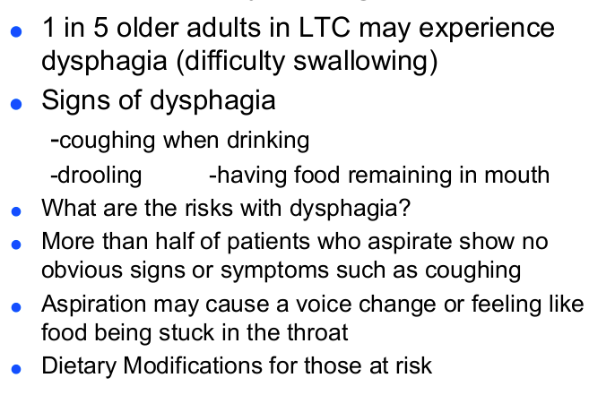 <p>signs: coughing when ingesting, drooling, food remaining in mouth </p><p>risk for aspiration. HOB 60-90*. no straw. tuck chin when swallowing</p><p>speech pathologist evaluates pt. gives diff foods to see what issues</p>