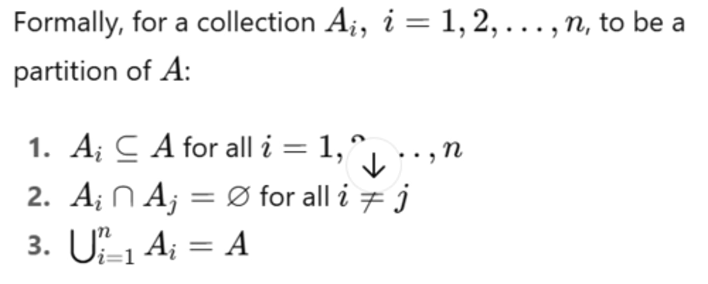 <p>a partition on a set A is a collection of A whose union is A</p>