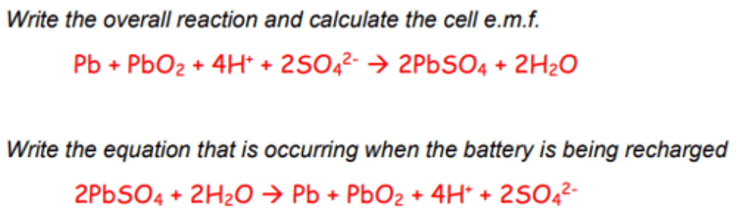 <p>One electrode is lead and the other is lead, but coated with lead oxide.<br>At the Pb electrode:<br>Pb(s) + SO42-(aq) -&gt; PbSO4(s) + 2e-<br>At the oxide coated electrode:<br>PbO2(s) + 4H+(aq) + SO42-(aq) + 2e-<br>-&gt; PbSO4(s) + 2H2O(l)</p>