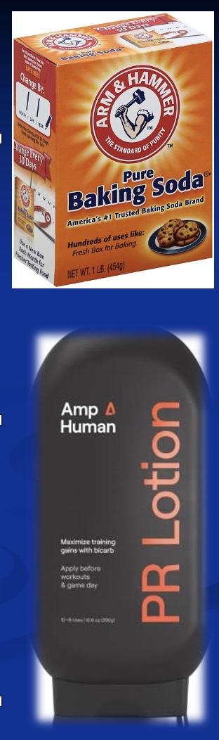 <p><u><span>Intramuscular effects of acidosis</span></u></p><p><span>-lower PFK, phosphorylase</span></p><p><span>-lower Ca</span><sup><span>2+</span></sup><span>&nbsp; sensitivity</span></p><p><span>-lower cross-bridge force output</span></p><p><span>-lower ATP turnover</span></p><p><span>-slows recovery rate</span></p><p style="text-align: left;"><mark data-color="purple" style="background-color: purple; color: inherit;">*for all: prod less force</mark></p><p><u><span>Effects of bicarbonate loading</span></u></p><p><span>-higher plasma pH (*which can be transmitted to muscles)</span></p><p><span>-speeds H</span><sup><span>+</span></sup><span> and La</span><sup><span>-</span></sup><span> transport from muscle</span></p><p><span>*lotion: body can absorb through skin</span></p><p><mark data-color="#f1cb72" style="background-color: rgb(241, 203, 114); color: inherit;"><span>*CO2 + H20 &lt;-&gt; H+ + HCO3- </span></mark><span>(*CO2 makes cookies/cake puffy)</span></p>