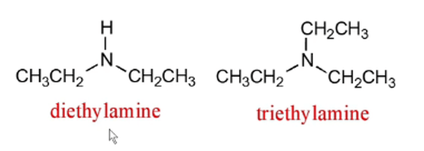 <p>symmetrical/secondary amines:</p><p>-add di- or tri- to the alkyl group</p>
