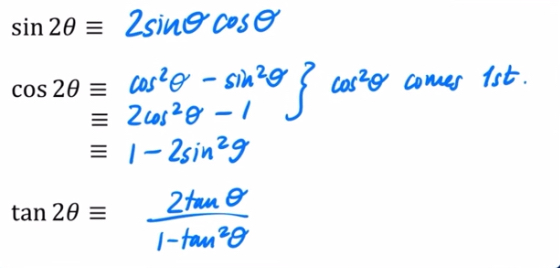 <p>sin2x = 2sinxcosx</p><p>cos2x = cos²x - sin²x = 2cos²x - 1 = 1 - 2sin²x</p><p>tan2x = 2tanx/1 - tan²x</p><p>Remember that these can go both ways.</p>