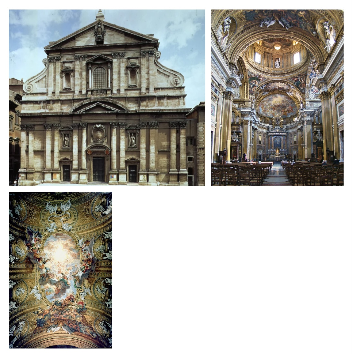 <p>Rome, Italy. Giacomo da Vignola, plan (architect); Giacomo della Porta, facade (architect); Giovanni Battista Gaulli, ceiling fresco (artist). Church: 16th century C.E.; facade: 1568–1584 C.E.; fresco and stucco gures: 1676–1679 C.E. Brick, marble, fresco, and stucco.</p>