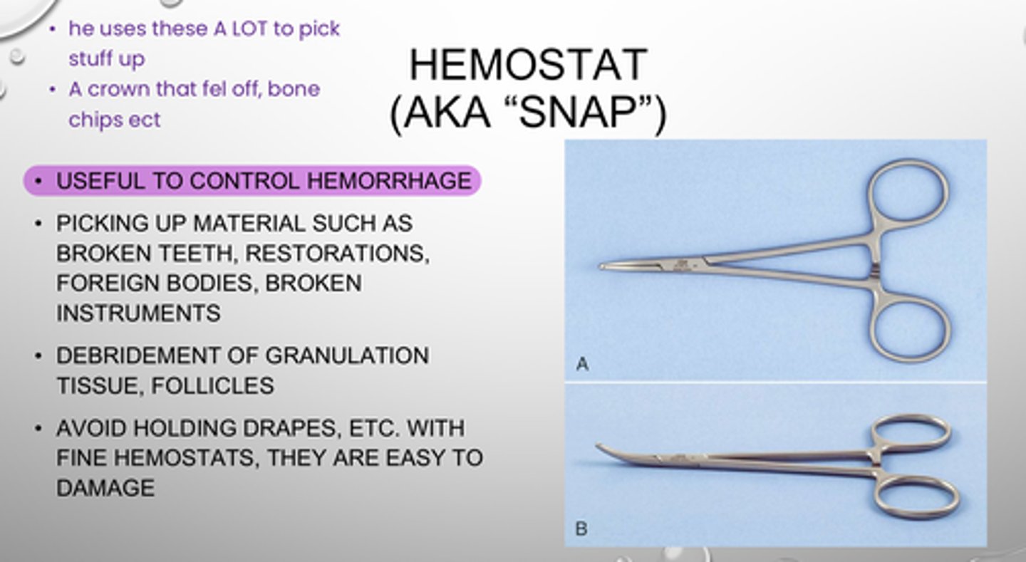 <p>Which OS Tissue Forcep:</p><p>- Used to control Hemorrhage </p><p>- &amp; to pick up material such as broken teeth, restorations, foreign</p><p>- Long, delicate beaks used to grasp tissue and a locking handle</p><p>- Avoid holding drapes/flaps w these= they are easy to damage tissues</p><p>- VERY commonly used </p>