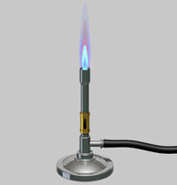 A tall silver metal hollow rod with adjustments at the base to control the flow of gas for burning