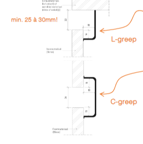 <p>Ingewerkte grepen - verborgen grepen</p><ul><li><p>Greep zit achter of boven het front en is niet zichtbaar van voren</p></li><li><p>Wordt vaak toegepast in combinatie met een terugliggende of open ruimte achter de kastdeur</p></li><li><p>Minimalistisch en praktisch voor greeploze keukens</p></li><li><p>Soorten: L- greep, C - greep, …</p></li><li><p>Aandachtpunt: min 25-30 mm nodig</p></li></ul><p></p>