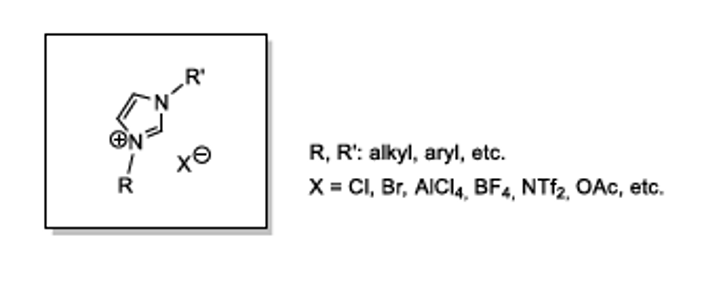 <p>-Composed entirely of ions, liquid below 100°C.</p><p>-Changing the ions changes the qualities (eg. melting point, conductivity, viscosity, solvent miscibility)</p><p>-Normally a large ionic cation and a weakly coordinating anion</p>