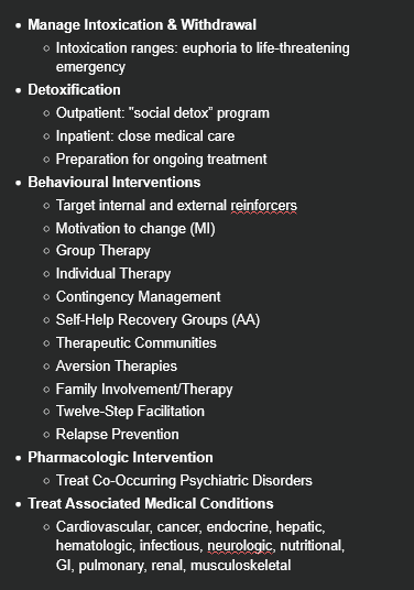 <ul><li><p><strong>Manage Intoxication &amp; Withdrawal</strong></p><ul><li><p>Intoxication ranges: euphoria to life-threatening emergency</p></li></ul></li><li><p><strong>Detoxification</strong></p><ul><li><p>Outpatient: "social detox” program</p></li><li><p>Inpatient: close medical care</p></li><li><p>Preparation for ongoing treatment</p></li></ul></li><li><p><strong>Behavioural Interventions </strong></p><ul><li><p>Target internal and external reinforcers</p></li><li><p>Motivation to change (MI)</p></li><li><p>Group Therapy</p></li><li><p>Individual Therapy</p></li><li><p>Contingency Management</p></li><li><p>Self-Help Recovery Groups (AA)</p></li><li><p>Therapeutic Communities</p></li><li><p>Aversion Therapies</p></li><li><p>Family Involvement/Therapy</p></li><li><p>Twelve-Step Facilitation</p></li><li><p>Relapse Prevention</p></li></ul></li><li><p><strong>Pharmacologic Intervention</strong></p><ul><li><p>Treat Co-Occurring Psychiatric Disorders</p></li></ul></li><li><p><strong>Treat Associated Medical Conditions</strong></p><ul><li><p>Cardiovascular, cancer, endocrine, hepatic, hematologic, infectious, neurologic, nutritional, GI, pulmonary, renal, musculoskeletal</p></li></ul></li></ul><p></p>