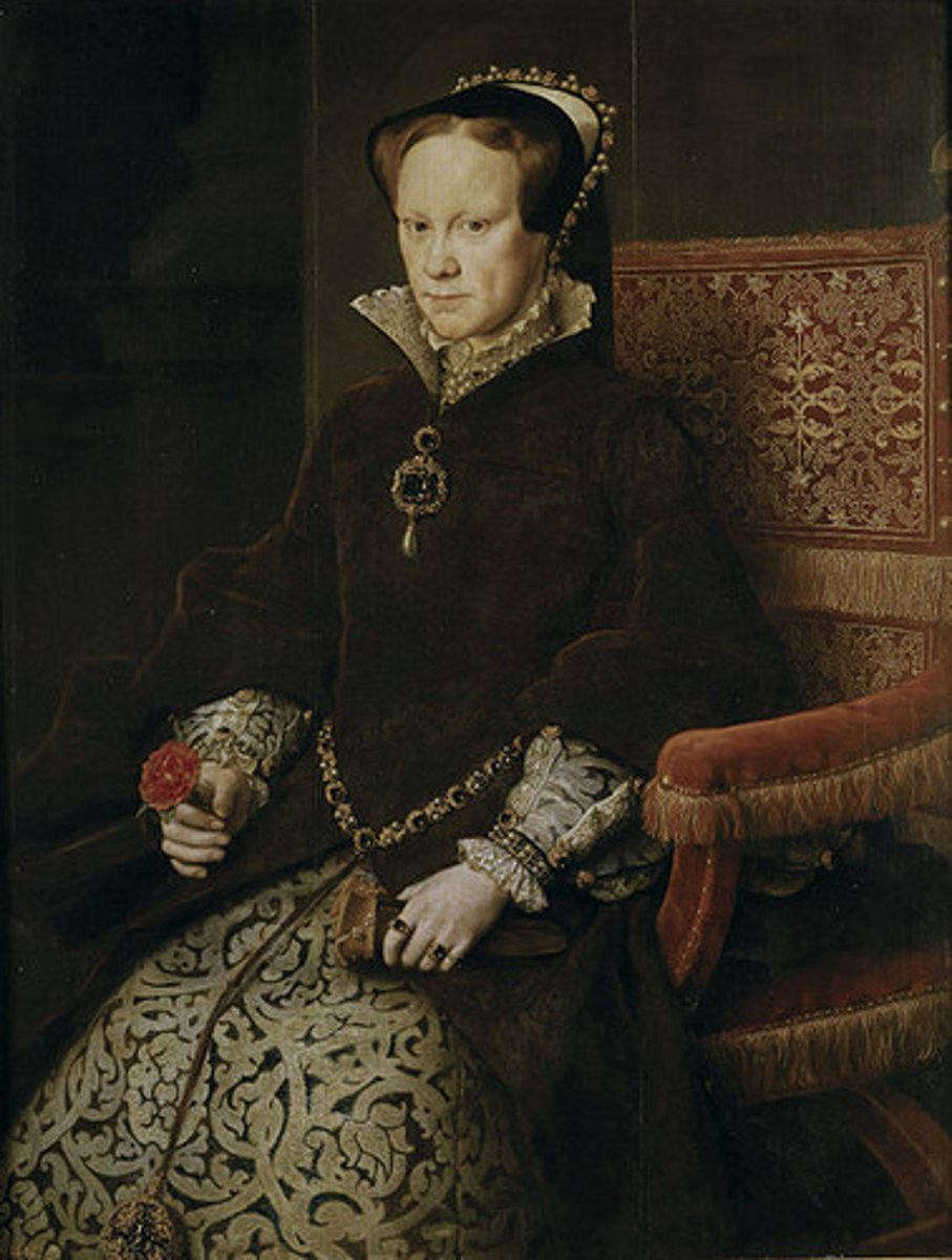 <p>English monarch who tried to restore Catholicism in England (daughter of Catherine of Aragon, abolished The Book of Common Prayer first established by brother Edward Tudor VI) and earned the nickname "Bloody Mary."</p>