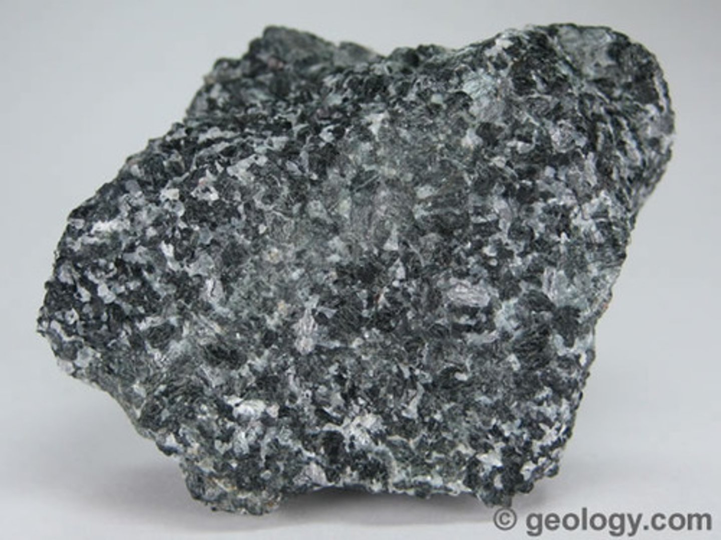 <p>metamorphic rock, coarse-grained, green, brown, or black amphibole minerals and plagioclase feldspar, can form from basalt and gabbro</p>