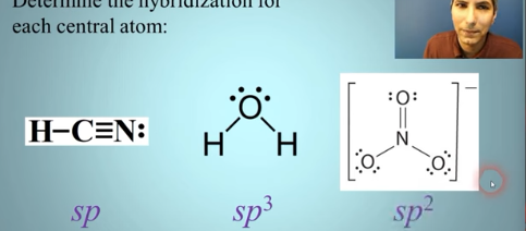 <ul><li><p><span style="background-color: transparent;"><strong>Largest sum → sp3d2</strong></span></p></li><li><p><span style="background-color: transparent;">Add the number of sigma bonds to the number of unshared electron pairs on the atom&nbsp;</span></p></li></ul><ul><li><p><span style="background-color: transparent;">Between 2-6</span></p></li></ul><p></p>