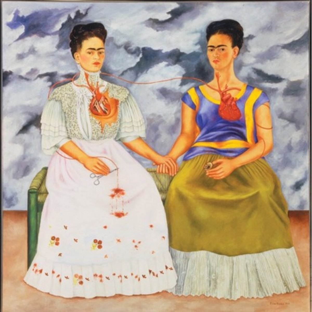 <p>1939. Frida Kahlo. Oil on canvas. Surrealism<br>Born to Mestiza women german man. Depicted in different culture dresses - separation of her identities.<br>Used much of her work to subvert beauty and social expectations, many aspects of her identity flouted convention<br>POC, bisexual, disabled, woman, communist<br>Influences of mexican folk art , stiffness provincial art.<br>Dark stormy sky: chaos turmoil<br>Painted this at the time of her divorce<br>Heart is clamped off with scissors<br>Heart on the left is open, the one on the right is healthy. Rivera has broken her heart<br>Dependency and closeness of kahlo on rivera<br>Blood on her lap could be her disabilit or misscarriages</p>