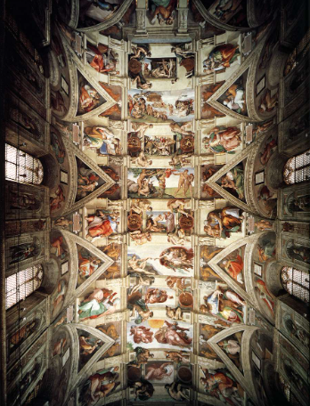 <p>Fresco. 10,000 square feet of design on a rounded barrel vault, had to play with foreshortening to account for this. Each figure in his painting is 10-18 feet tall. Creation of Adam looks like a brain, the spark of life (maybe evidence he dissected bodies).</p>