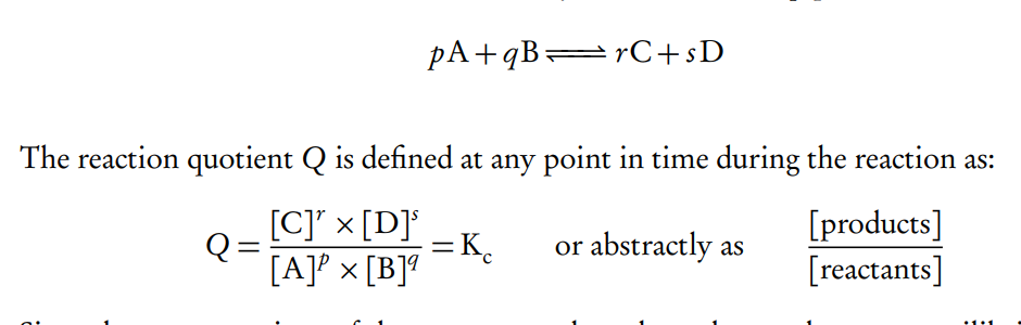 <p>only depends on the temperature and as the concentration of reactants and products do not change at equilibrium, the reaction quotient has a very specific value. </p>