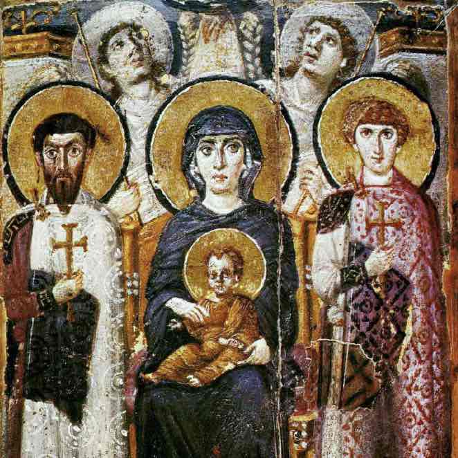 <p><strong>Virgin (Theotokos) and Child between Saints Theodore and George</strong></p><p>Early Byzantine Europe</p><p>Sinai, Egypt</p><p>6th or 7th CE</p><p>Encaustic on wood</p>