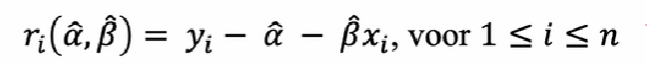 <p>een geschatte foutterm </p><p>ri = yi - ^a -^b Xi </p><p>de fouttermen zelf zijn onobserveerbaar, maar we kunnen het schatten aan de hand van de geschatte parameters alpa en beta </p>