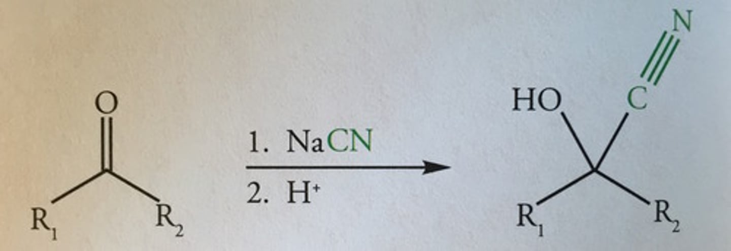 <p>- Sodium/Potassium cyanide is show as a reactant (not shown in this picture)</p><p>- H2SO4 is used to provide H+</p>