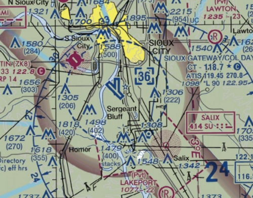 <p><span>(Refer to FAA-CT-8080-2H, Figure 78. Near the center of the figure.) What class of airspace is associated with SIOUX GATEWAY/COL DAY (SUX) Airport?</span></p>