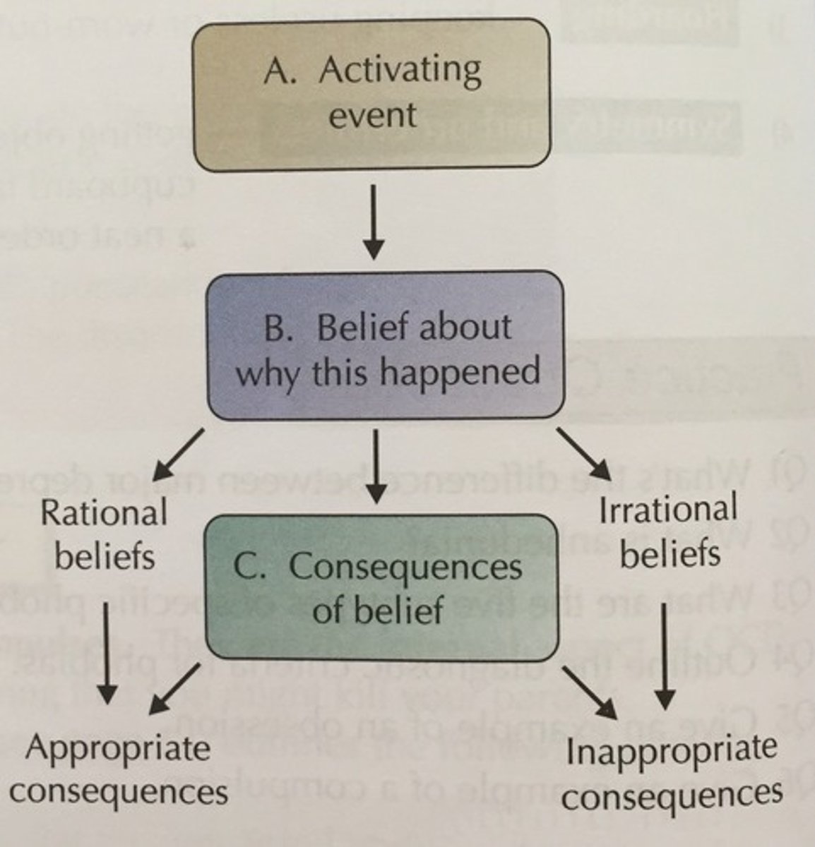 <p>A- activating event</p><p>B- belief</p><p>C- consequence as a result of either rational or irrational beliefs, leading to appropriate or inappropriate consequences</p><p></p>