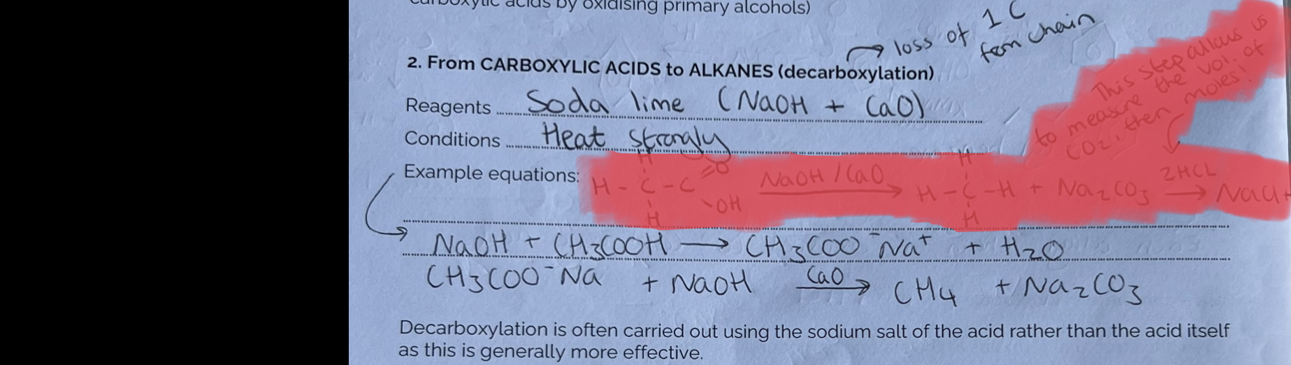<p><em>(Ignore part highlighted in red)</em></p><p>Decarboxylation helps determine structure. The alkane that is produced has a specific melting point, and this value can be compared to data = CH4. Therefore, the Carboxylic acid must have been ethanoic acid.</p>