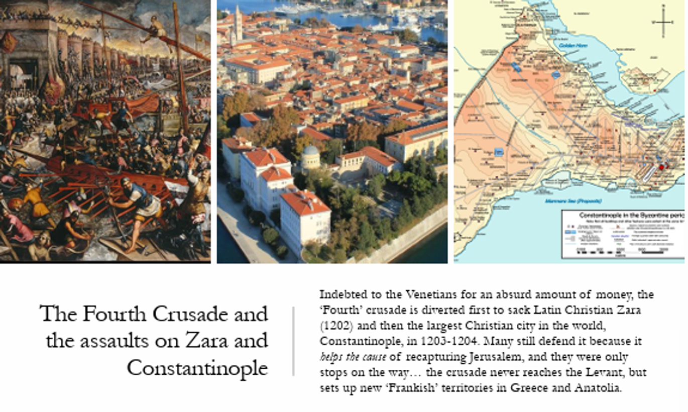 <p>by time 4th crusade, crusades against christians</p><p>end up capturing greatest Christian city in Europe despite Pope’s calls to get them back</p><p>but provdes good stop point for western christians</p><p>viol. agianst Chtistians → more justified</p>