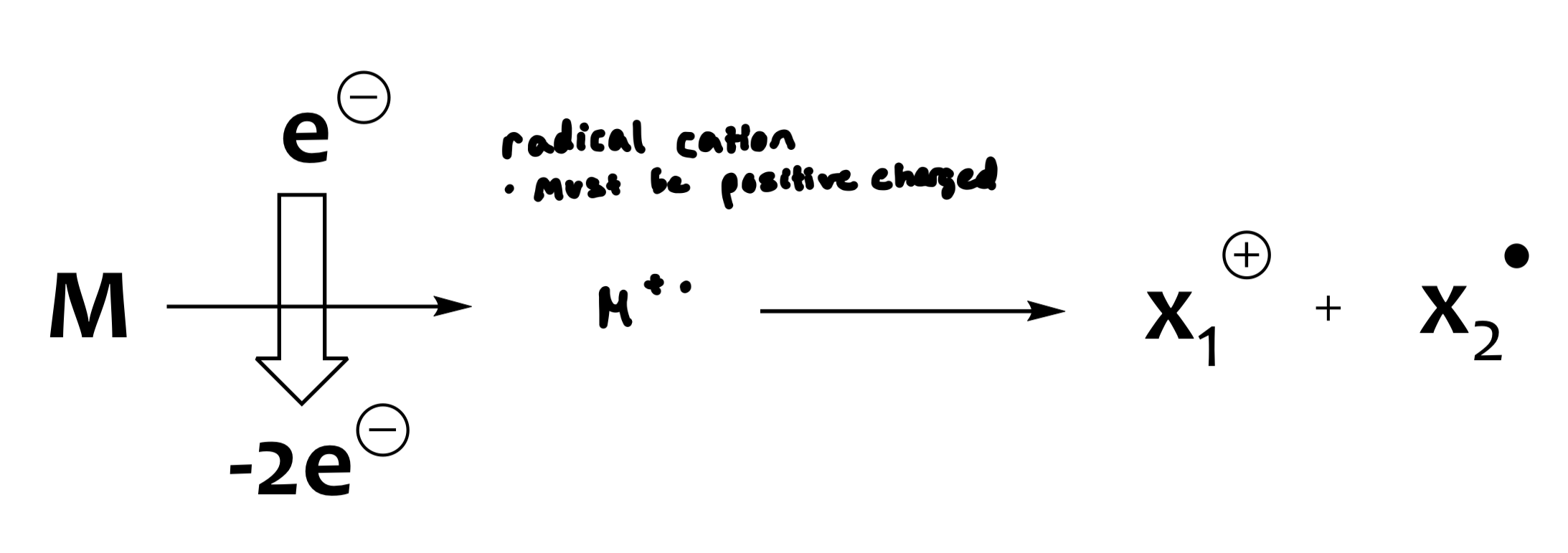 <ul><li><p>the sample is introduced into the ionization chamber, at which point it is ionized (electron is dislodged, might be lone pair)</p></li><li><p>the method of ionization differs depending on the requirements and/or the compound of interest</p></li><li><p>ionization creates the <u>molecular ion</u>, which is unstable and can decompose</p><ul><li><p>the most intense peak furthest to the right</p></li></ul></li><li><p>decomposition creates <u>daughter</u> or fragment ions. These create a fingerprint of the compound</p><ul><li><p>uncharged or neutral (don’t see them)</p></li></ul></li></ul><p>M=neutral molecule</p><p>M<sup>+•</sup>=molecular ion (radical cation)</p><p>e<sup>(-)</sup>=electron</p><p>x=daughter or fragment ions</p>
