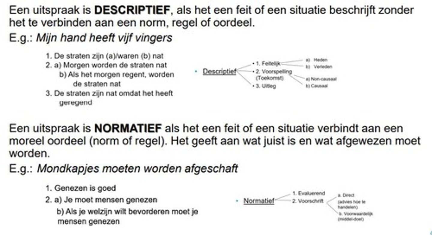 <p>Een beschrijvende zin gaat over feiten en wat is, terwijl een normatieve zin gaat over wat zou moeten zijn volgens normen en waarden.</p>