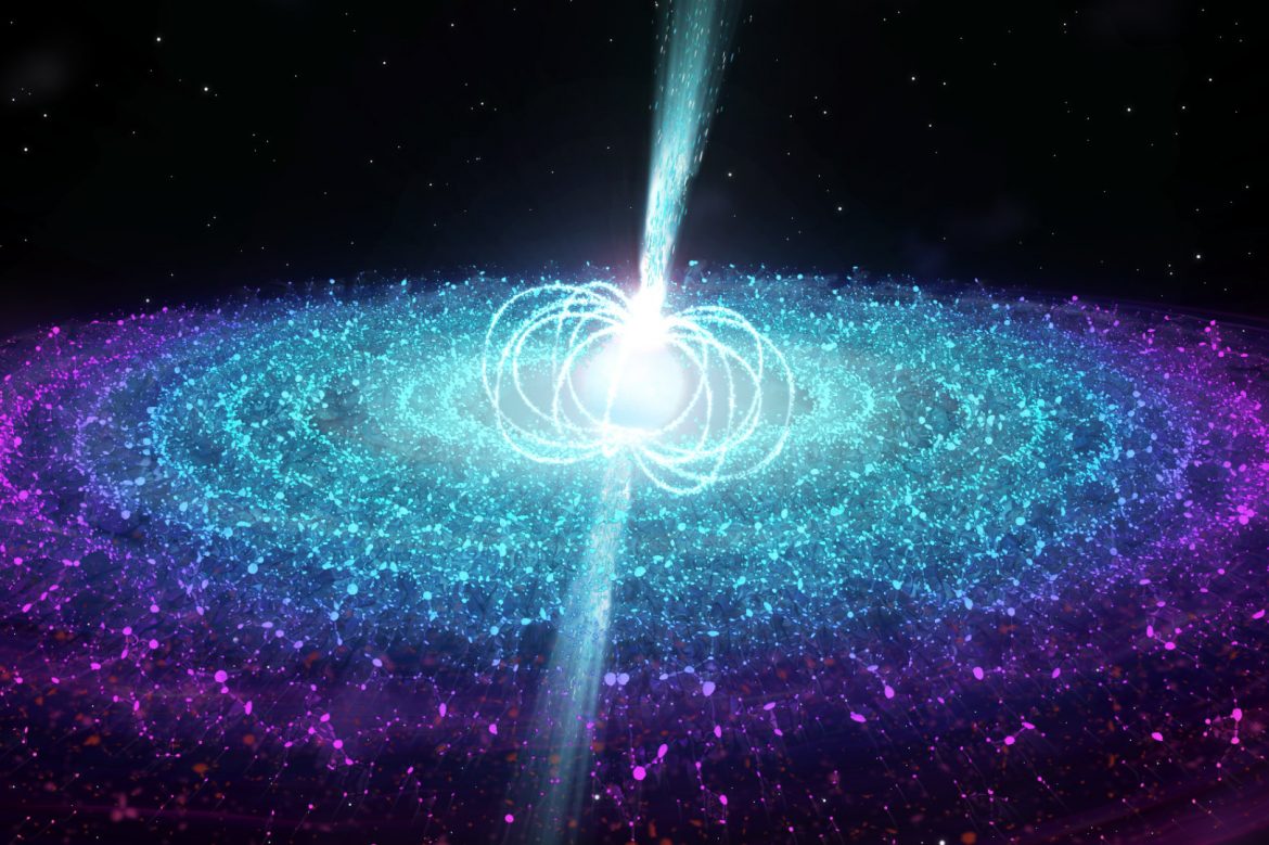 * Neutron stars have masses slightly greater than that of the Sun, but all contained within a **sphere with a diameter of just 20 km**. 
* The high densities of neutron stars cause such strong gravitational effects that they are able to **rotate very rapidly on their axes**. 
* Rotating neutron stars **emit intense radio waves from their polar regions as they spin**, and these regular short 'pulses' of radio waves enable radio astronomers to detect neutron stars as **pulsars**.