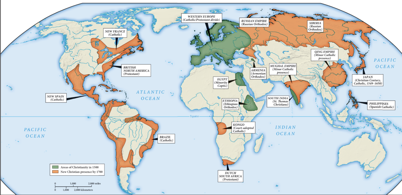 <p>According to Map 7.2, "The Globalization of Christianity," in which of the following</p><p>regions was Christianity most prevalent prior to the year 1700?</p>