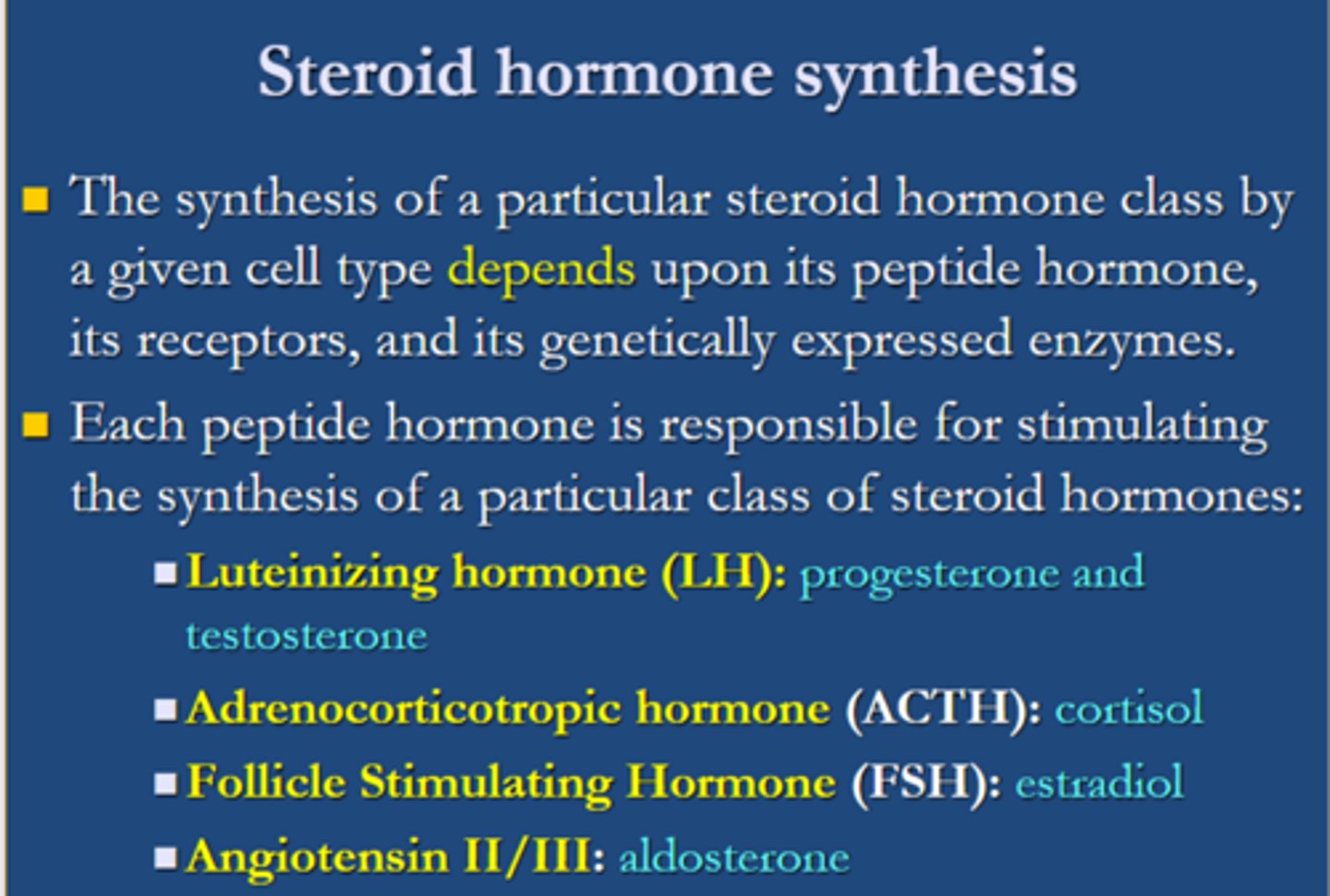 <p><span class="bgY">each peptide hormone</span> is responsible for <span class="bgY">stimulating the synthesis of a particular class</span> of <span class="bgY">steroid hormones</span></p>