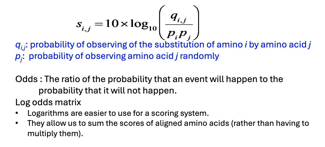 <ul><li><p>The score of two amino acids<em> i</em>,<em> j</em>. as the log of how likely it is to observe these two amino acids (based on the empirical observation of how often they are aligned in nature) divided by the background probability of finding these amino acids by chance.</p></li><li><p>A score of +2 indicates that the amino acid substitution occurs 10<sup>0.2</sup>&nbsp;= 1.58 times as frequency as random substitution.</p></li><li><p>A score of 0 is neutral.</p></li><li><p>A score of -10 indicates that the amino acid substitution occurs 10<sup>-1</sup>&nbsp;= 1/10 time as frequently as random substitution.</p></li></ul><p></p>