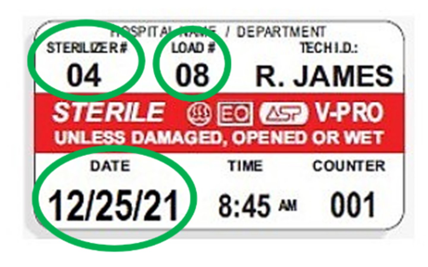<p>label information on sterilization packages, trays, or containers that identifies the sterilizer, cycle run, &amp; date of sterilization</p>